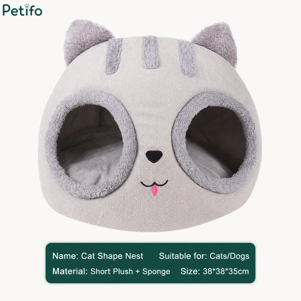 Product specification display for the Petifo cat nest listing the name ("Cat Shape Nest"), target audience ("Suitable for Cats/Dogs"), material ("Short Plush + Sponge"), and dimensions ("383835cm").