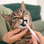 Person brushing a tabby cat's teeth using a white 360-degree pet toothbrush