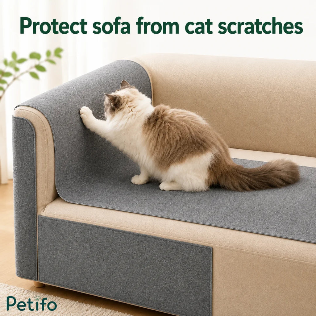 Petifo cat scratch mat applied across the armrest and cushion of a beige sofa to protect furniture from cat scratches.