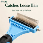 Petifo blue and black deshedding comb catching loose hair to help reduce pet fur around the home.