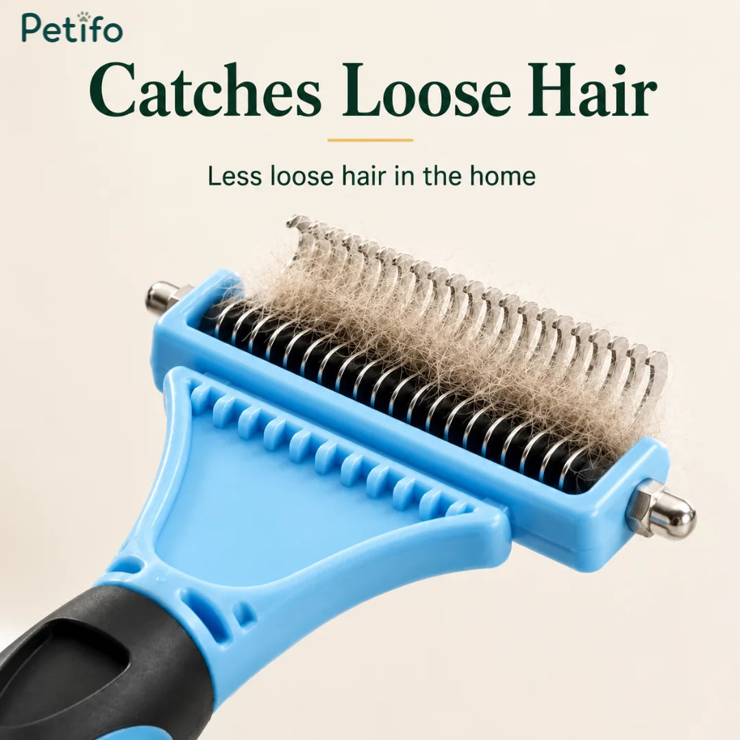 Petifo blue and black deshedding comb catching loose hair to help reduce pet fur around the home.