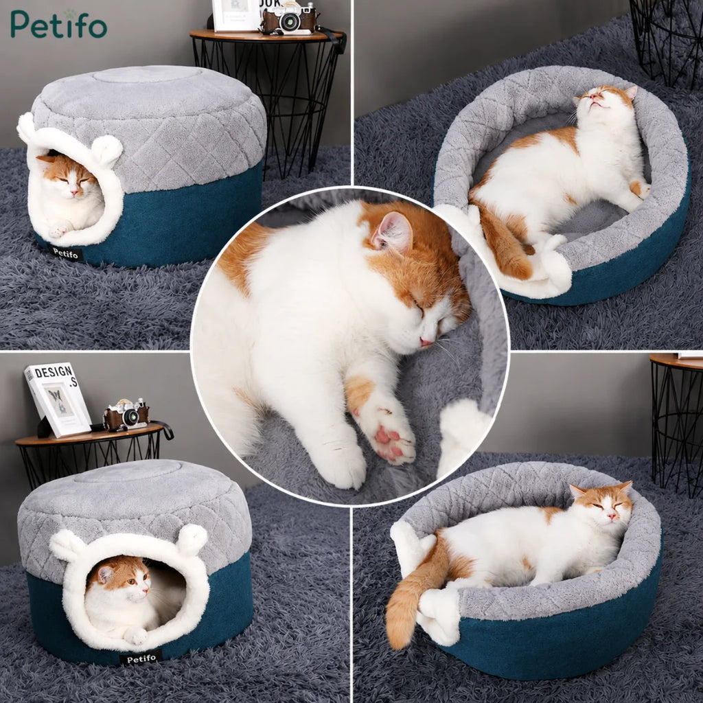 Collage showing cats resting and sleeping happily in both cave and open bed setups