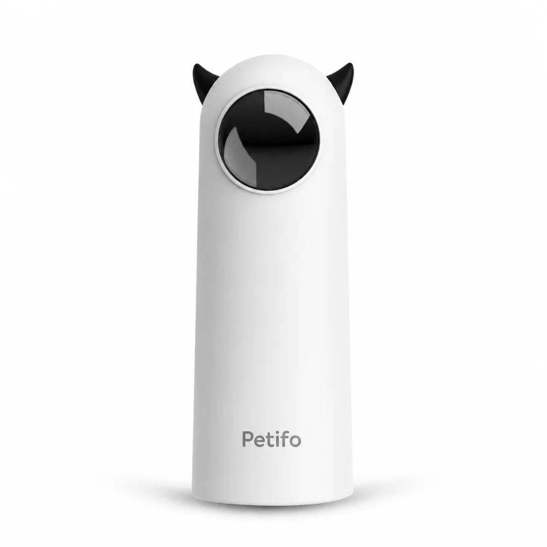 White automated cat laser toy featuring cute devil horns and a central lens.