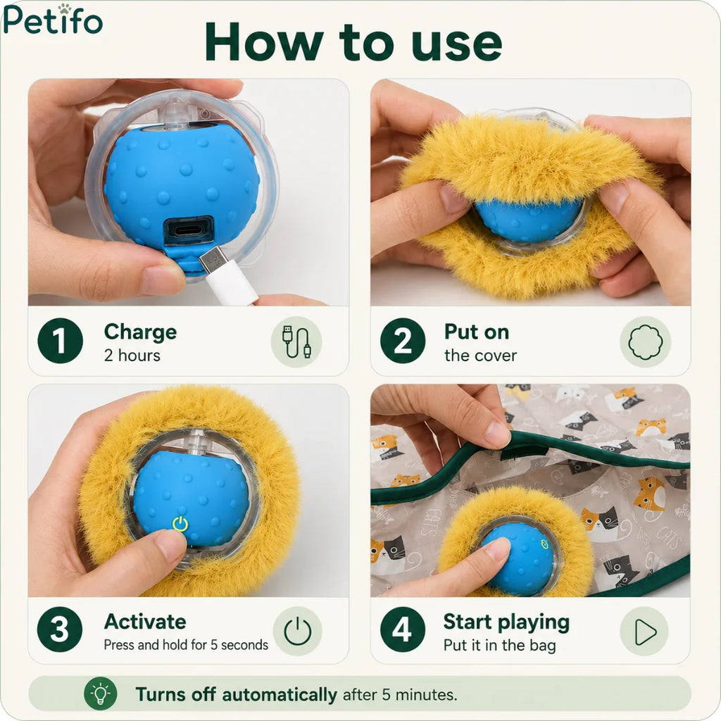 Step-by-step instructions showing how to charge, cover, activate, and place the smart interactive cat toy ball into play.