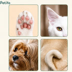 Four-panel display showing groomed pet features including a clean pink paw pad, a white cat's ear, a fluffy puppy's face, and a curled tail.