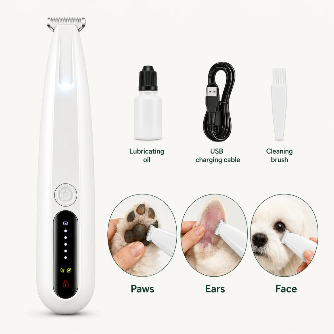 Comprehensive professional pet trimmer set complete with guide combs, cleaning accessories, and detail grooming blades.