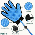 Close-up view of the blue silicone grooming glove highlighting its massage nubs, drainage, control knob, and handle strap.