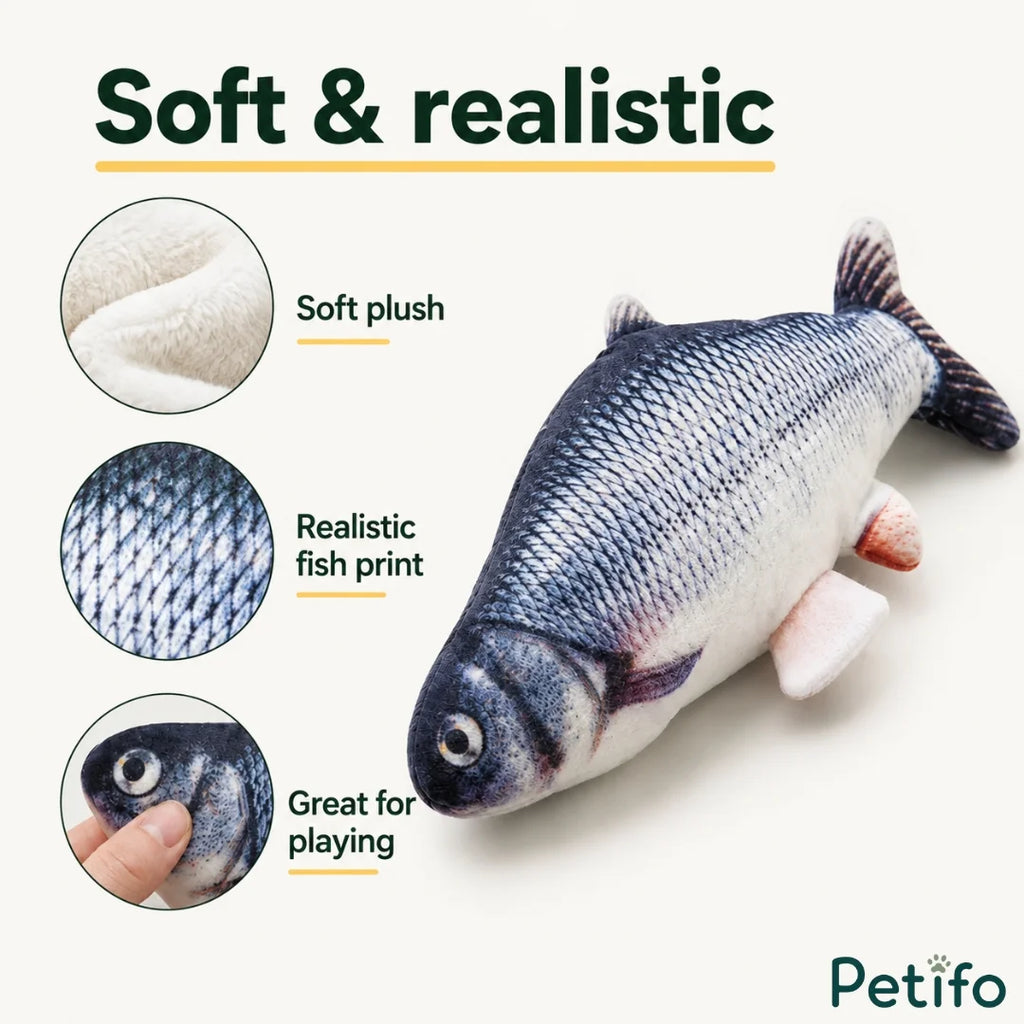Close-up diagram showing soft plush texture and realistic print of Petifo interactive fish toy