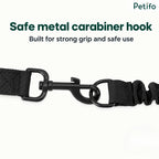 Close-up of a secure metal carabiner hook on the Petifo black bicycle dog leash.