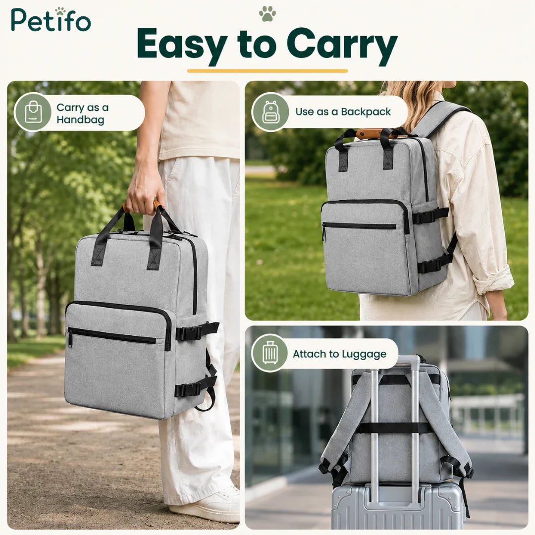 Close-up view showing how to carry the Petifo dog travel backpack as a handbag, backpack, or luggage strap.