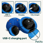 Close-up views of the blue interactive ball's internal charging port component showing different indicator lights for charging status.