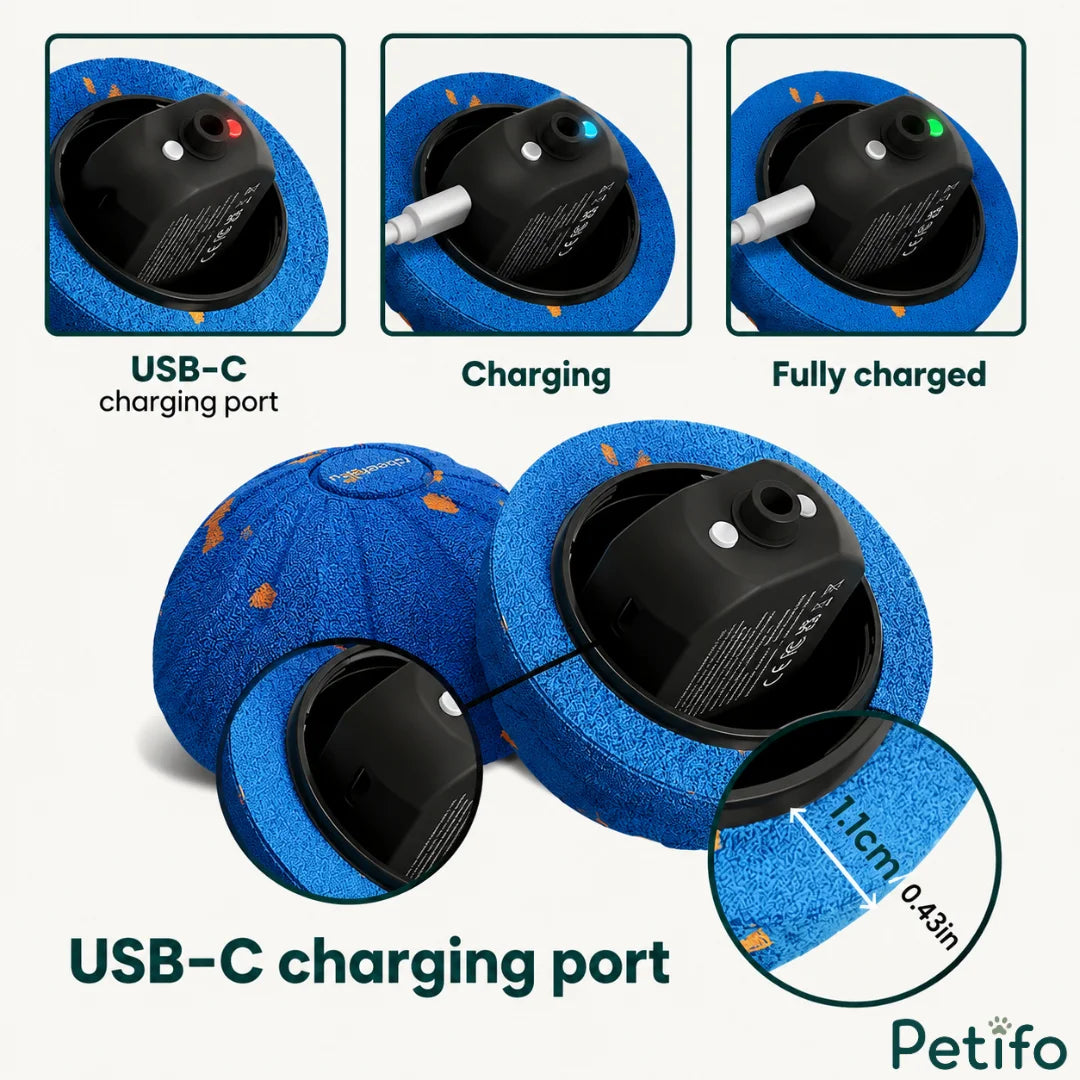 Close-up views of the blue interactive ball's internal charging port component showing different indicator lights for charging status.