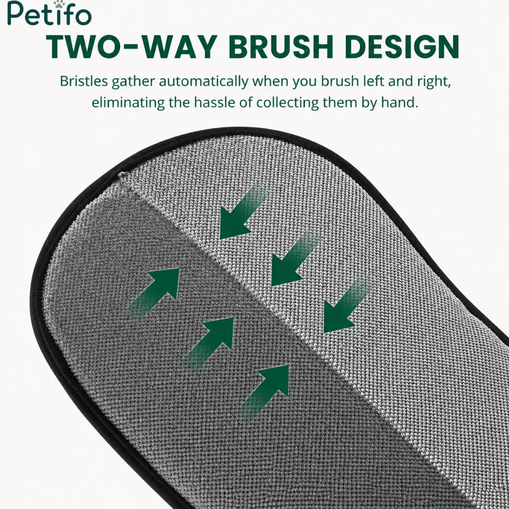 Close-up of the Petifo two-way brush design demonstrating how bristles automatically gather when brushed left and right to eliminate manual hair collection.
