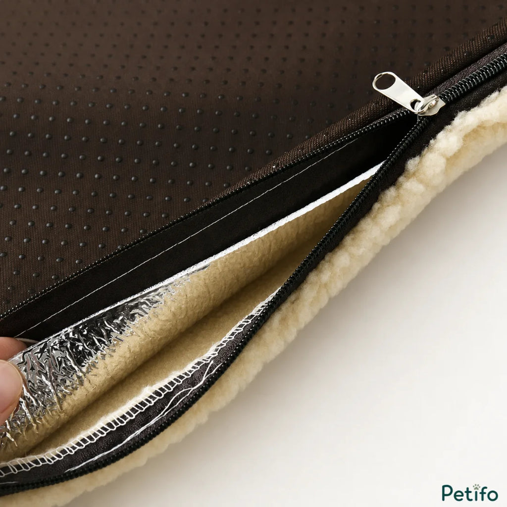 Close-up view of the brown zippered bottom of the pet mat, revealing the anti-slip dotted fabric and internal reflective insulation layer.