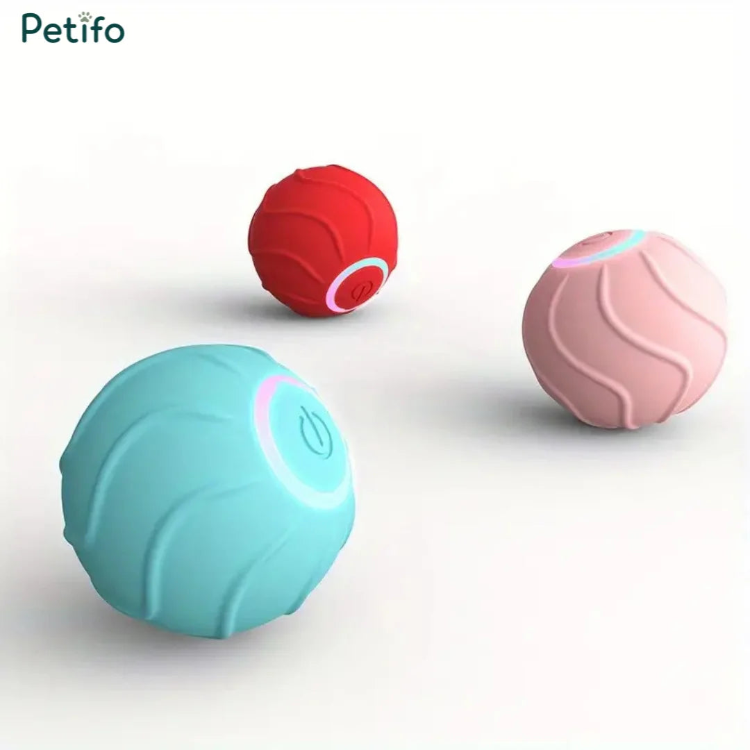 Assortment of colorful Petifo interactive cat toy balls in blue, pink, and red variants.