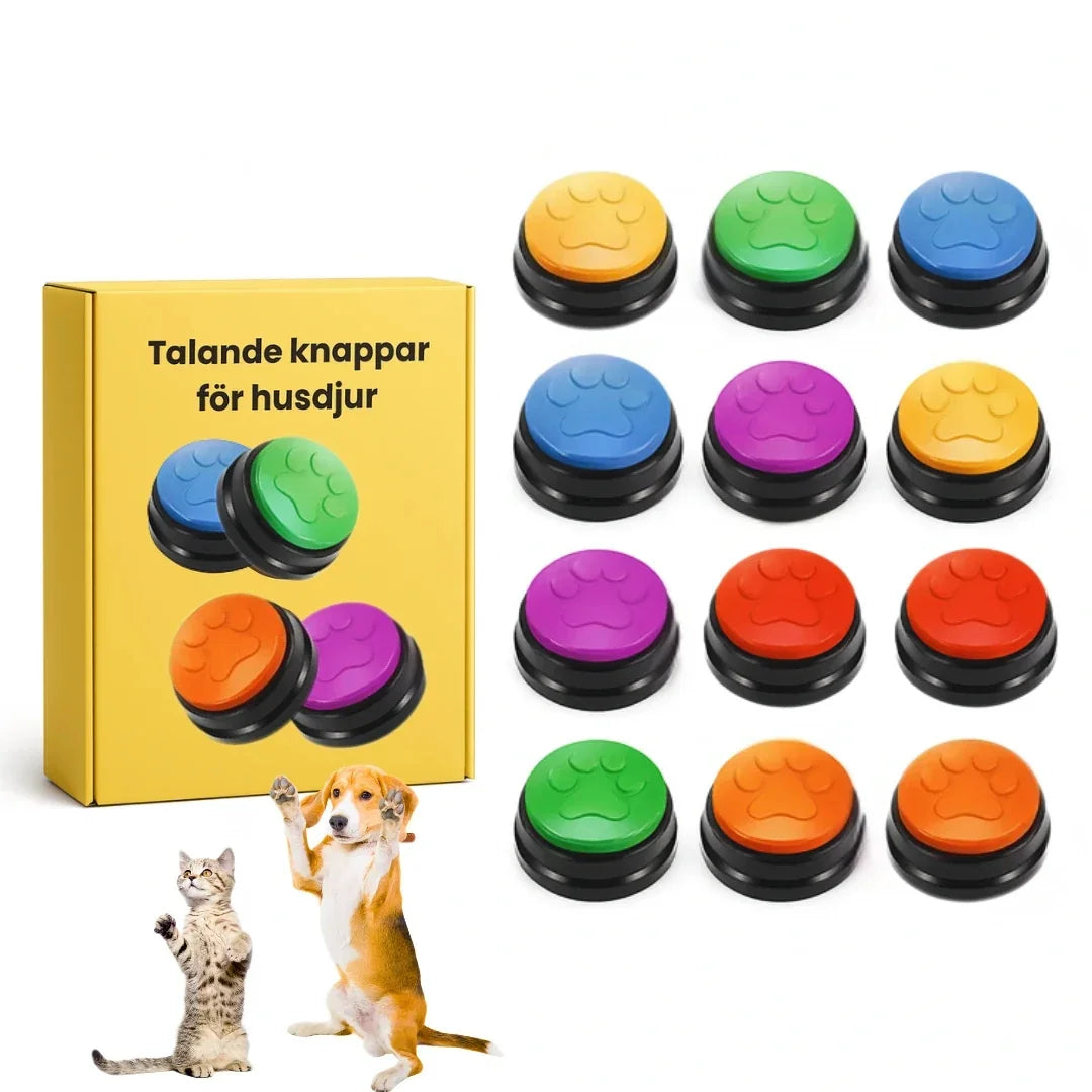 A bundle of twelve colorful recordable talking buttons for pets displayed alongside a yellow package box and playing animals.