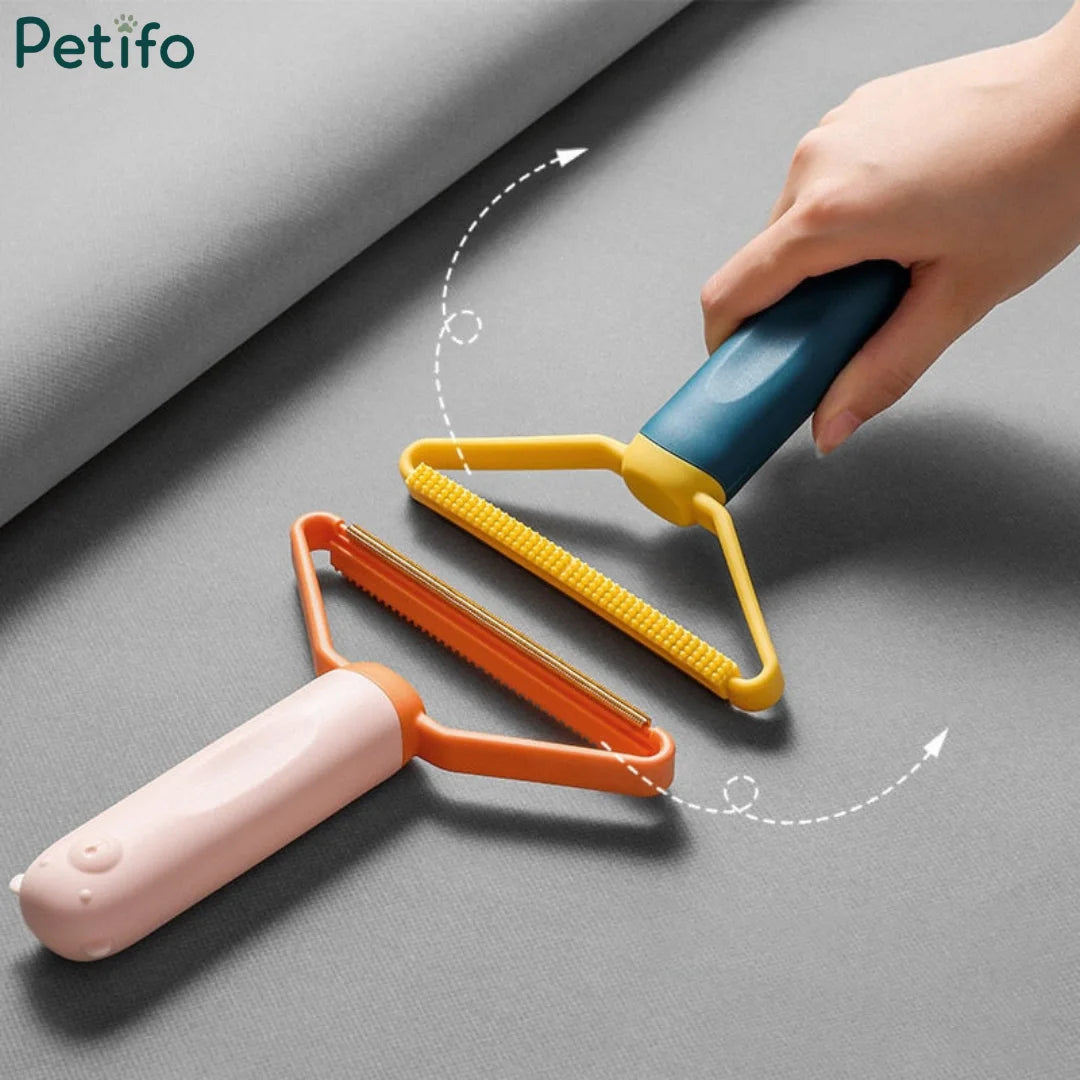 Demonstration image showing two colorful lint removers being flipped or rotated against a gray fabric background.