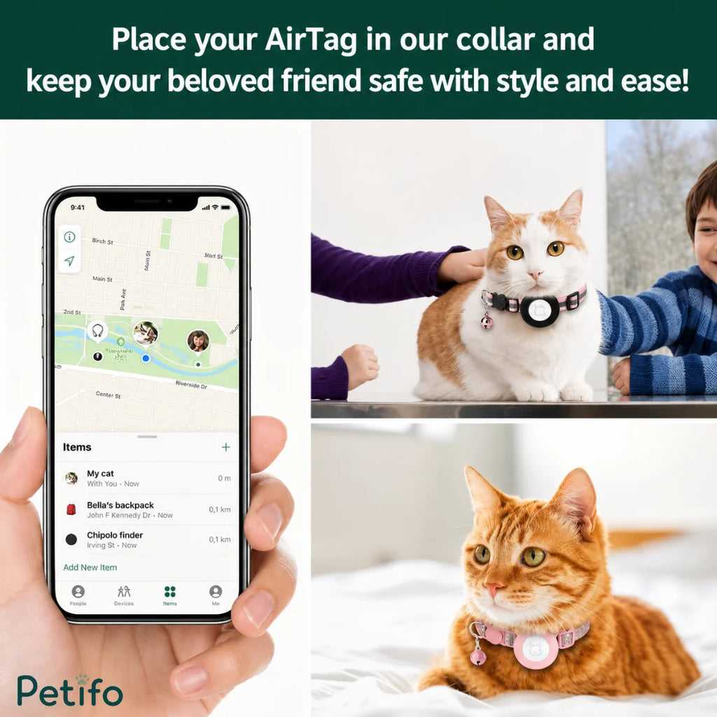 Demonstration image showing a smartphone tracking app interface alongside happy cats wearing comfortable tracking collars.