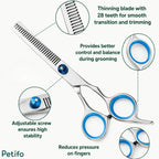 Detailed feature breakdown of professional thinning shears with 28 teeth, comfortable blue rings, and high stability.