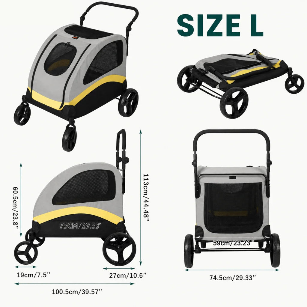 Petifo Size L dog stroller dimension chart highlighting measurements and its foldable compact design