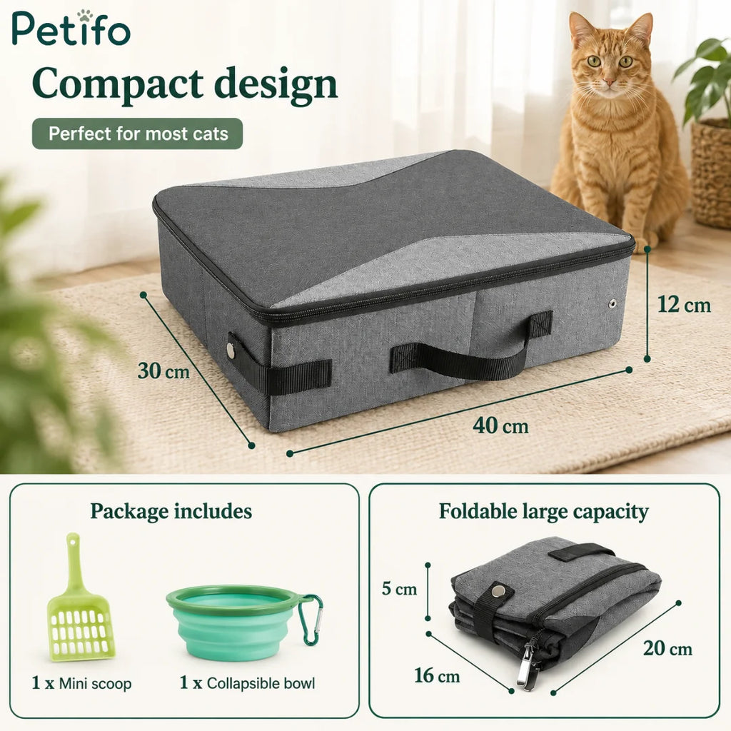 Compact design measurements and package contents overview for the travel cat litter tray.