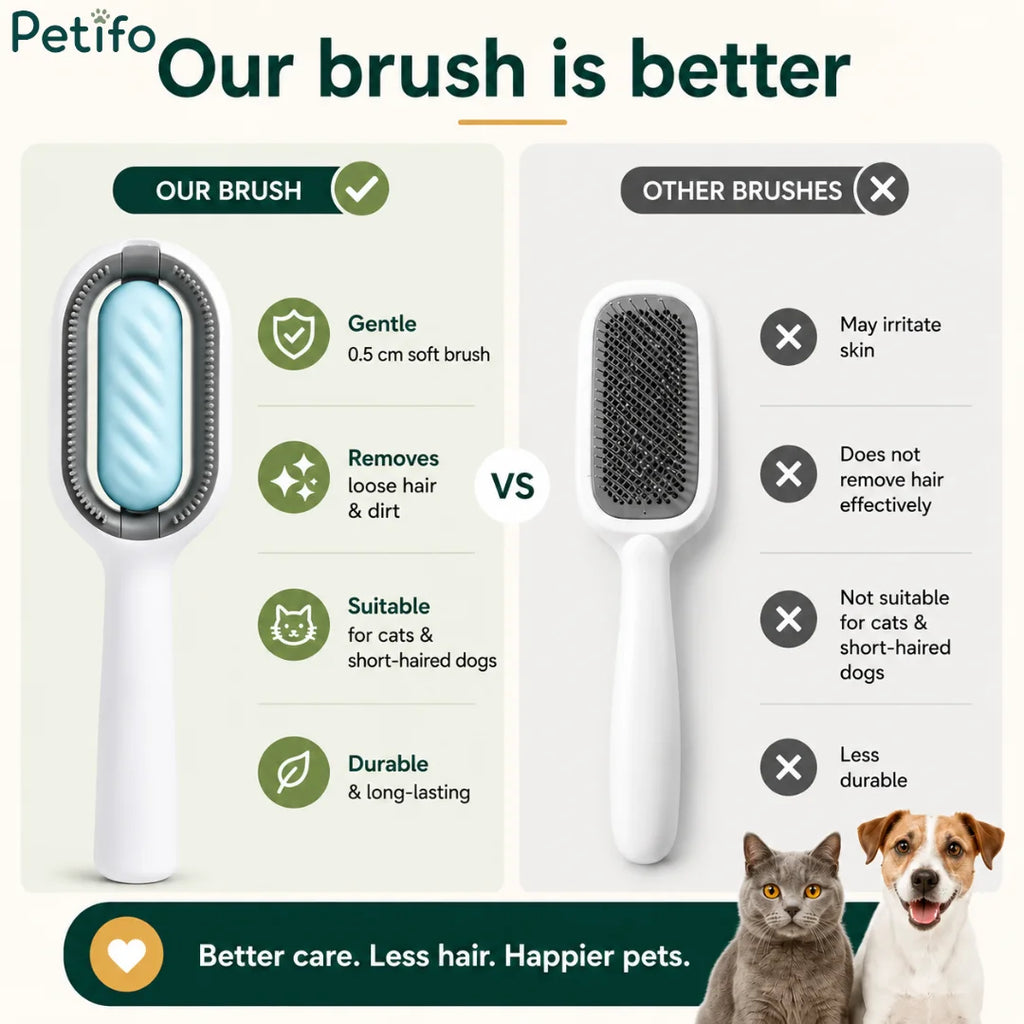 Comparison infographic showing Petifo soft bristle brush features versus traditional metal pet slicker brush