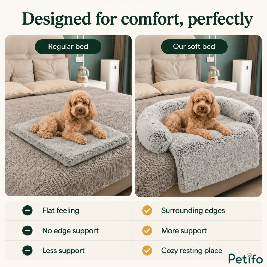 Comparison infographic showing a regular dog bed versus the Petifo soft dog bed with supporting edges.