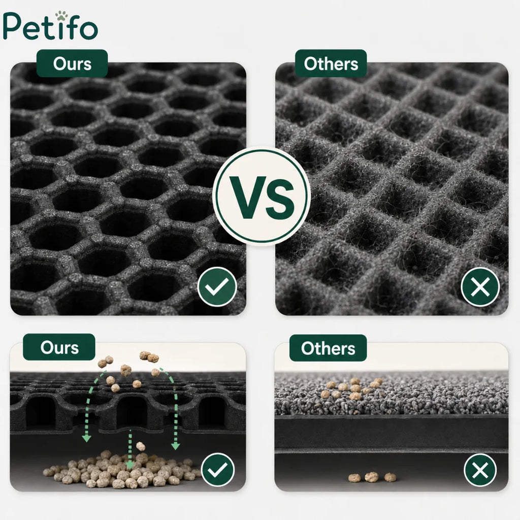 Comparison showing Petifo smooth honeycomb design catching litter versus standard carpet mat trapping fur