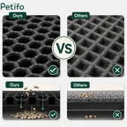 Comparison showing Petifo smooth honeycomb design catching litter versus standard carpet mat trapping fur