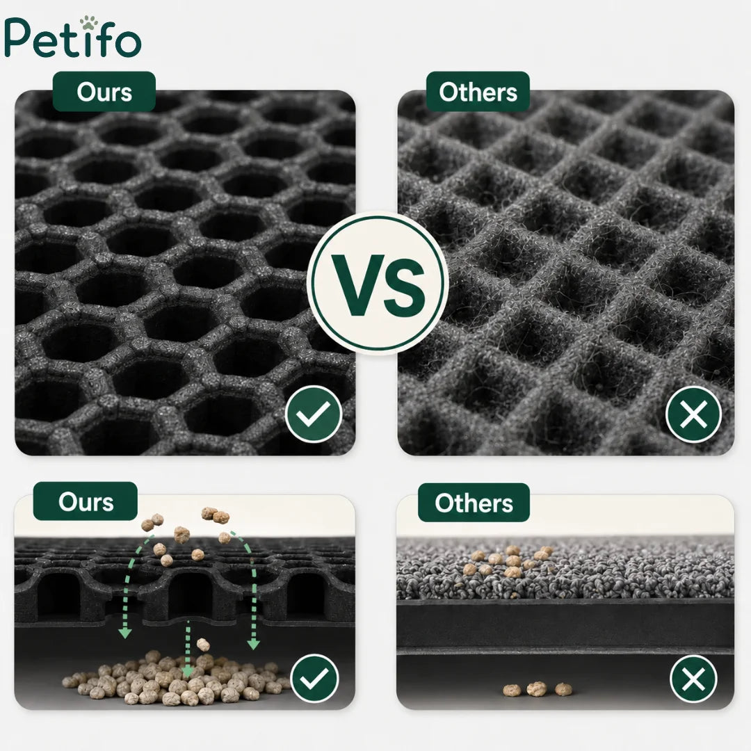 Comparison showing Petifo smooth honeycomb design catching litter versus standard carpet mat trapping fur