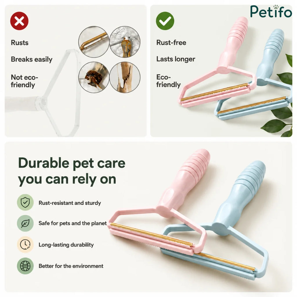 Comparison highlighting the durable, rust-free, and eco-friendly advantages of the pet hair remover over fragile alternatives.