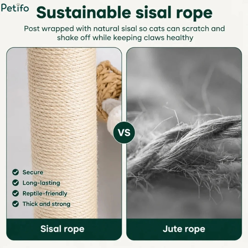 Comparison infographic highlighting the benefits of sustainable, thick sisal rope versus standard jute rope for cat scratching posts.