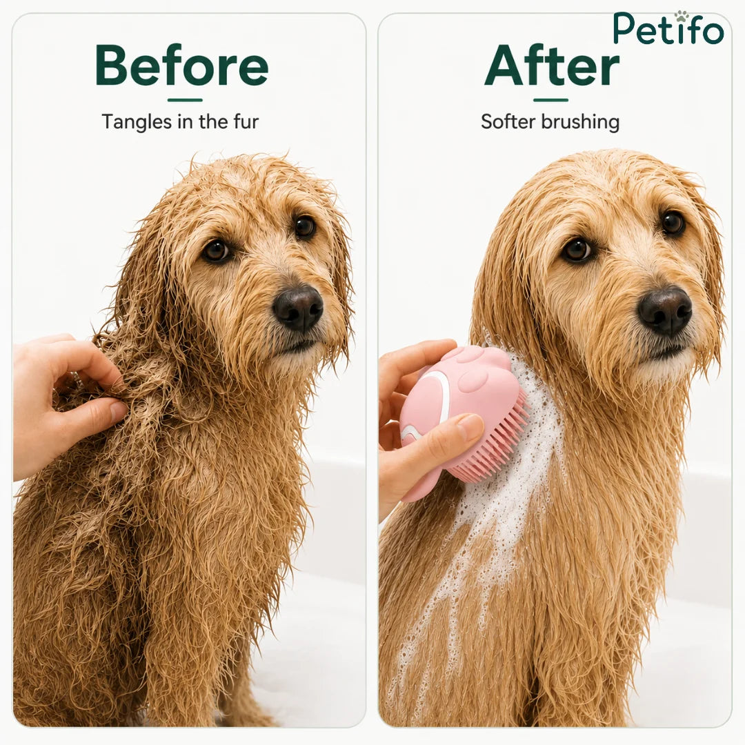 Before and after comparison of a golden retriever showing smoother fur after using the Petifo pet brush.
