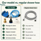 Comparison chart contrasting the features of the pet grooming glove model against a regular shower hose.
