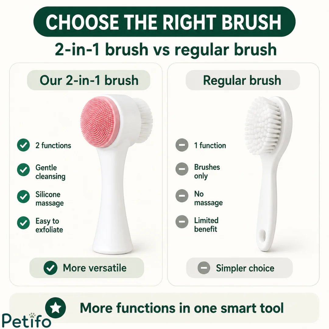 Comparison chart highlighting the features of the Petifo 2-in-1 pet brush versus a standard single-function regular brush.
