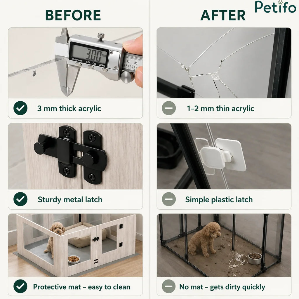 Feature comparison graphic highlighting the advantages of the Petifo playpen (3 mm thick acrylic, sturdy metal latch, and protective easy-to-clean mat) versus thinner alternatives.