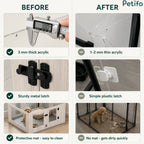 Feature comparison graphic highlighting the advantages of the Petifo playpen (3 mm thick acrylic, sturdy metal latch, and protective easy-to-clean mat) versus thinner alternatives.