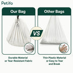 A comparison graphic highlighting the durability and tear-resistant fabric of Petifo's waste bag versus the thin, easily tearable plastic material of other standard bags.