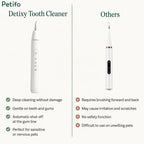 Comparison infographic contrasting the Petifo Detixy Tooth Cleaner with other products, highlighting benefits like deep cleaning, gentle gums, automatic shut-off, and ease of use.