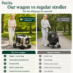Comparison infographic contrasting the Petifo 2-in-1 pet wagon with a regular pet stroller across multiple features and benefits.