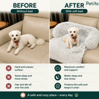 Before and after comparison showcasing how a soft pet bed enhances sofa comfort and protects furniture.