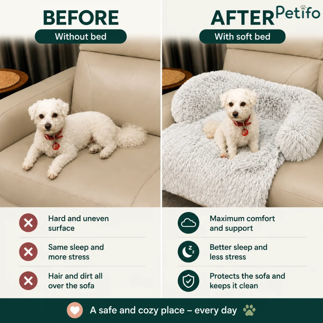 Before and after comparison showcasing how a pet sofa bed protects furniture and improves pet comfort.
