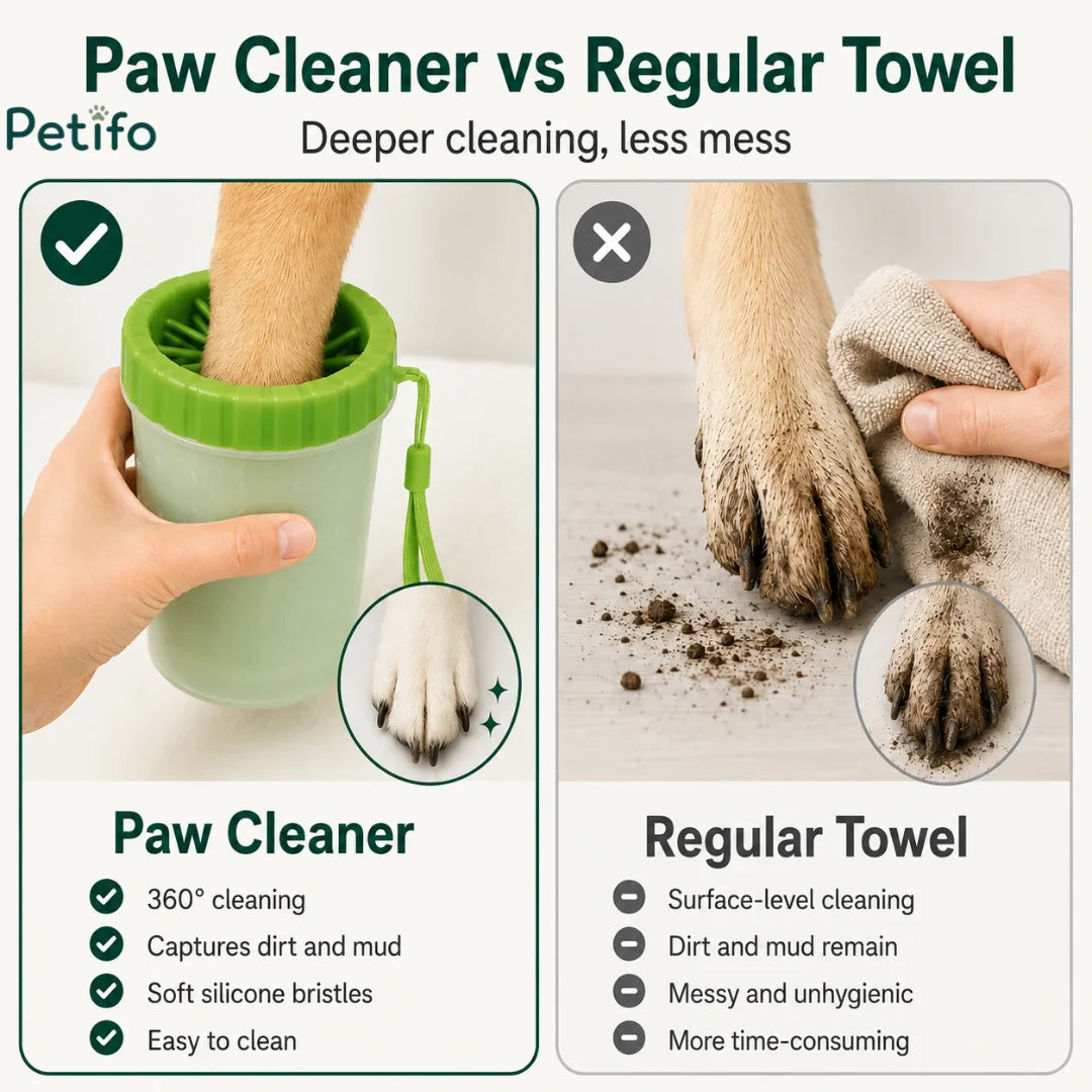 Comparison chart showing why the Petifo paw cleaner works better than a regular towel