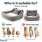 Compatibility chart showing the grey plush car seat is suitable for small pets like Chihuahuas, cats, and rabbits, but not large dogs.