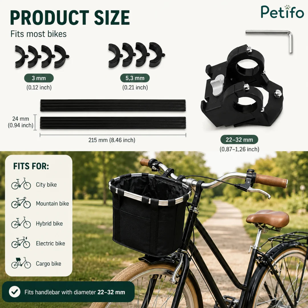 Product sizing and compatibility guide displaying dimensions, spacer sizes (3 mm and 5.3 mm), handlebar bracket specs (22–32 mm), and compatible bike types (city, mountain, hybrid, electric, and cargo bikes).