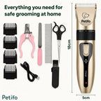 Complete home dog grooming kit with a gold clipper, four guide combs, scissors, and nail care tools.