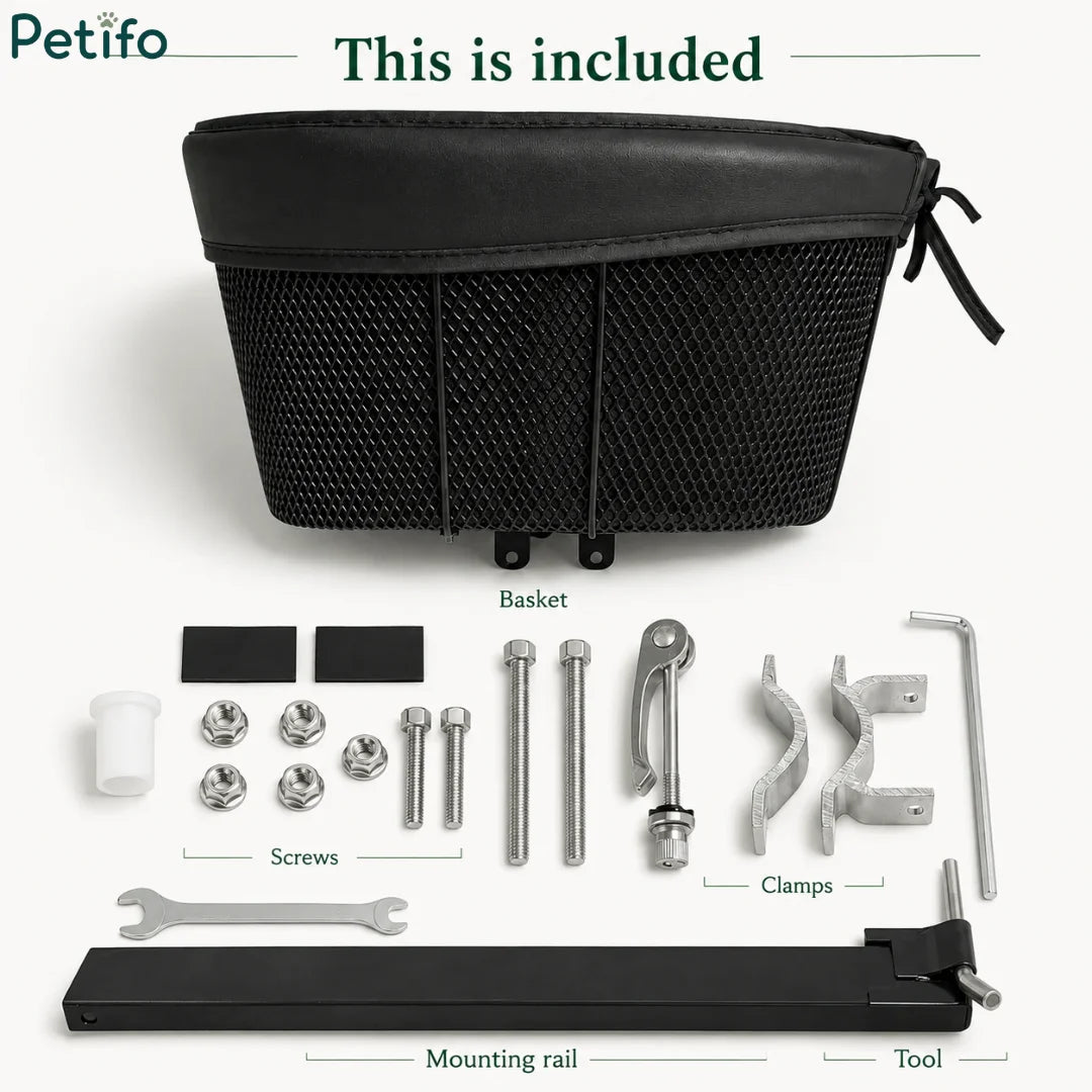 Complete package contents infographic displaying the Petifo basket, mounting rail, clamps, screws, tools, and hardware included.