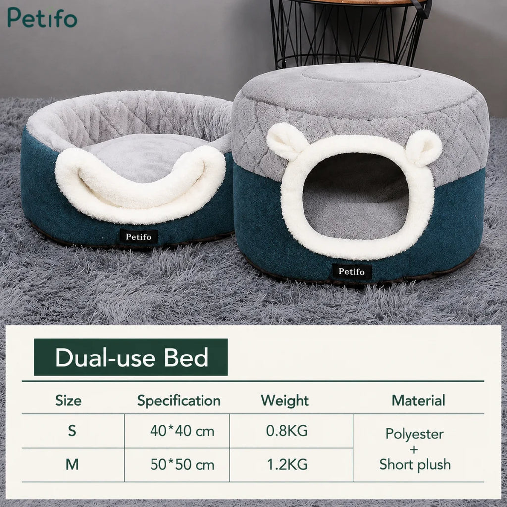 Dual-use Petifo cat bed configuration options showing size dimensions and materials