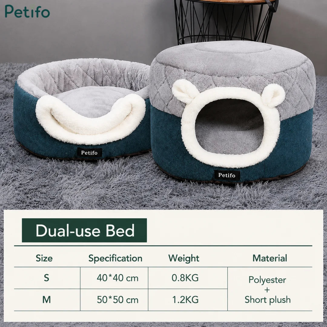 Dual-use Petifo cat bed configuration options showing size dimensions and materials