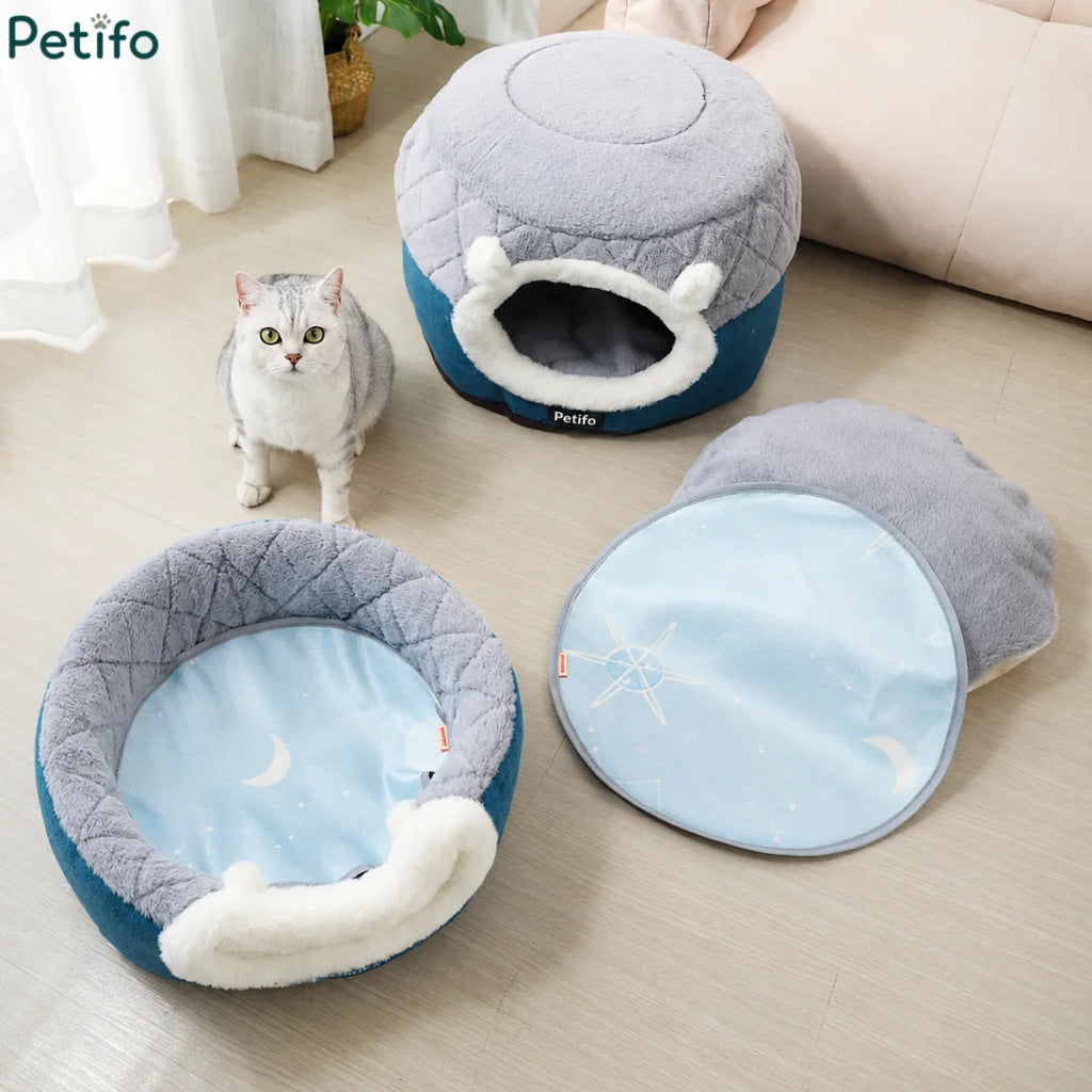 Petifo 2-in-1 convertible cat bed and open nest with a cute cat standing nearby